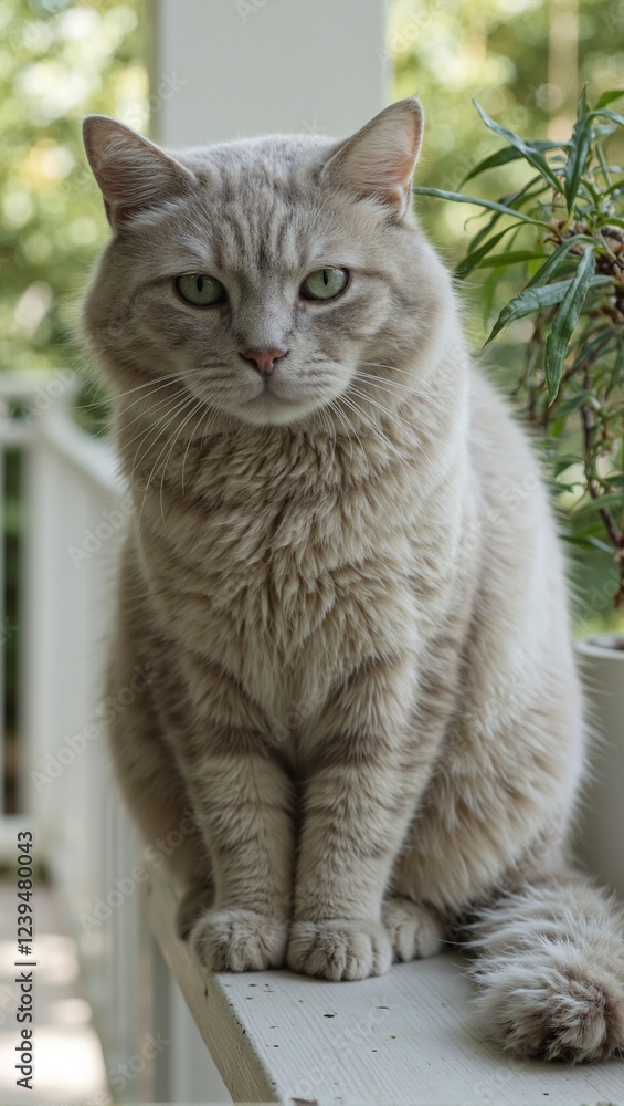 Adorable cat perched on wooden porch railing Adorable cat perched on wooden porch railing
