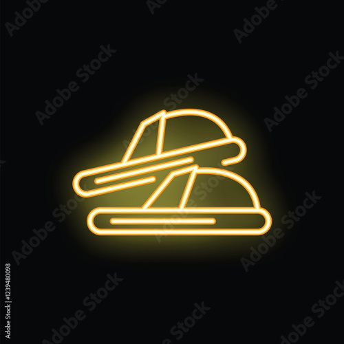 Glowing yellow neon icon of two bumper cars colliding, perfect for representing amusement park attractions