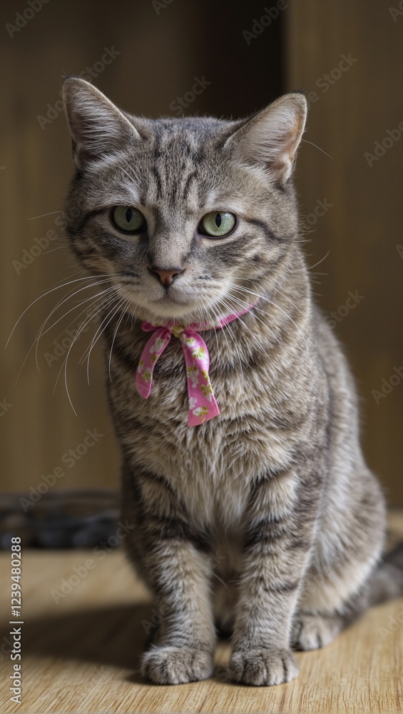 Adorable cat wearing a ribbon accessory Adorable cat wearing a ribbon accessory