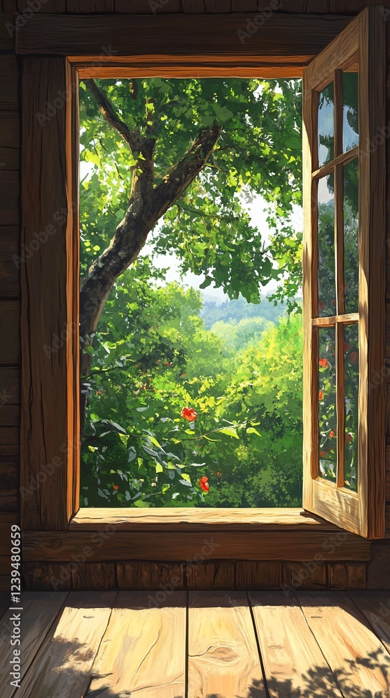 Obraz premium Open wood window frames view of trees and sky in the sun for nature scene