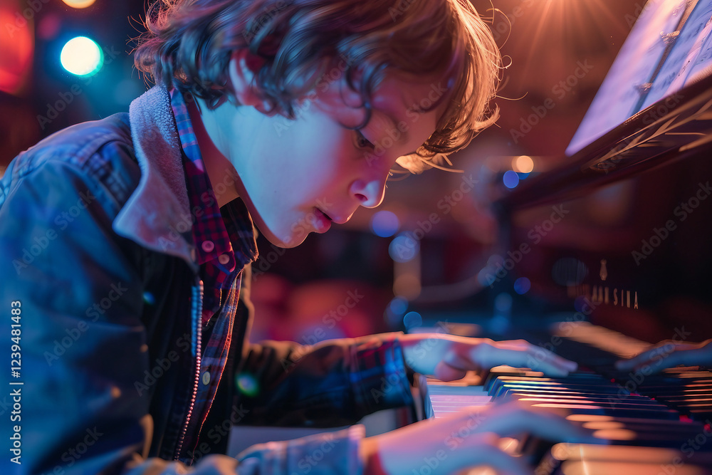 Obraz premium Young performer on stage under stage lights generative ai image