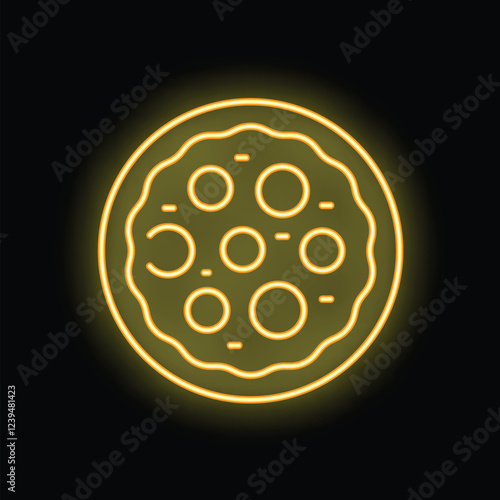 Bright yellow neon sign depicting a pizza with pepperoni glowing against a black background