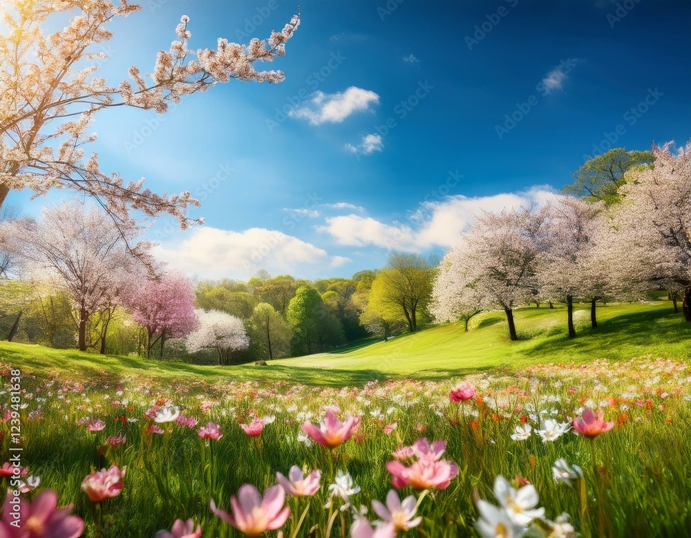 spring nature scene featuring blossoming flowers lush trees and blue sky with space for text vibrant springtime meadow perfect for seasonal designs or easter themed posters spring background