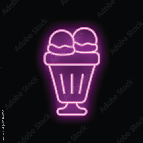 Neon sign representing a delicious ice cream sundae with two scoops, shining in purple light on a black background