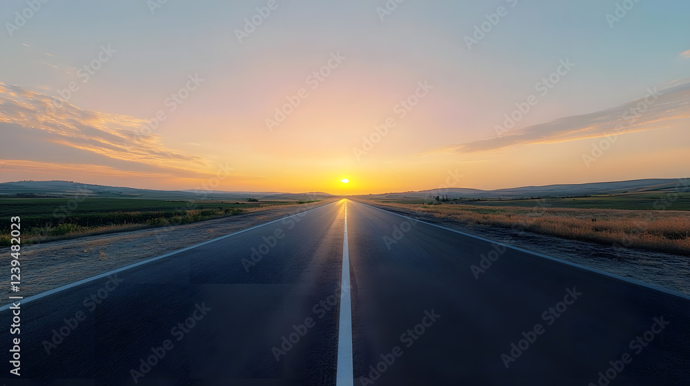 Fototapeta premium View of a long straight deserted asphalt road with the evening sun sky background wallpaper AI generated image