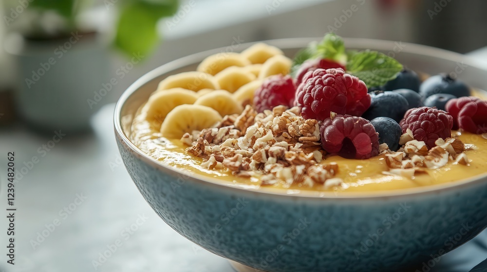 Smoothie bowl, close-up of smoothie topped with fresh fruits and nuts, bright kitchen Smoothie bowl, close-up of smoothie topped with fresh fruits and nuts, bright kitchen