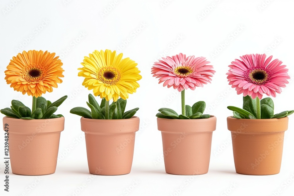 Four potted flowers of different colors are arranged in a row Four potted flowers of different colors are arranged in a row