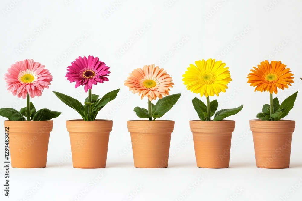 Row of five potted flowers with different colors Row of five potted flowers with different colors
