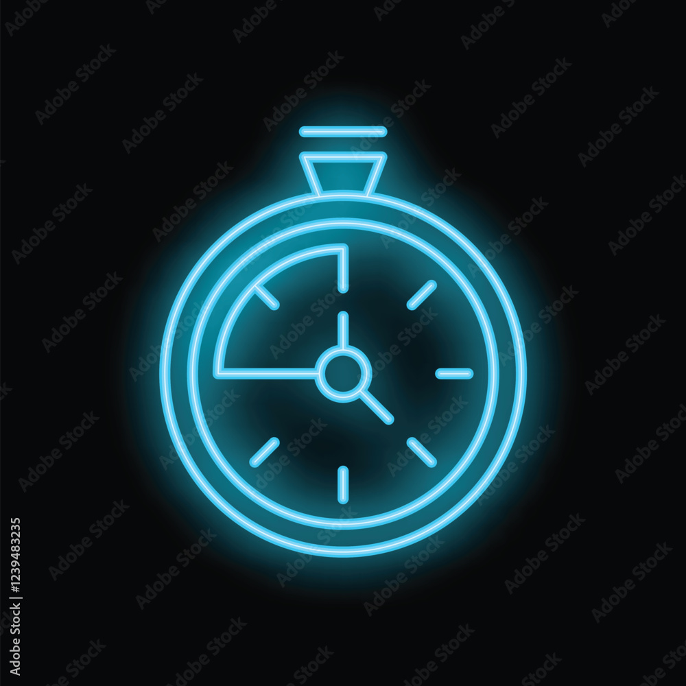 Bright blue neon stopwatch icon glowing on a black background Bright blue neon stopwatch icon glowing on a black background