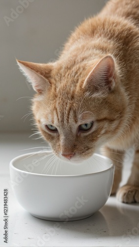 Adorable tabby cat lapping up water from a shiny ceramic bowl photo