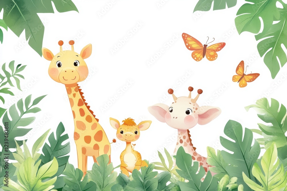 Naklejka premium Cute animals gather in a lush green jungle during a sunny day