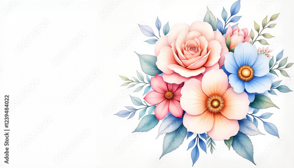 Obraz premium Elegant silk flower bouquet illustration in pastel tones with copy space, wedding decor