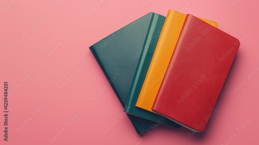 Fototapeta premium A set of vibrant passports in different colors stacked together, symbolizing international travel, visas, and global mobility.