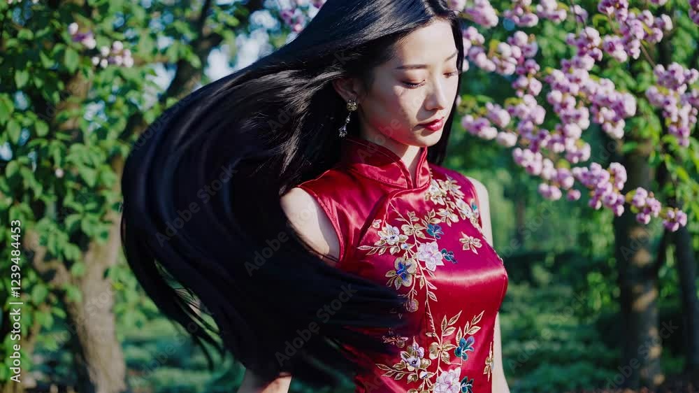 Elegant asian woman in traditional red qipao dress with flowing black hair posing near blooming cherry trees. Natural spring garden setting with pink blossoms. Traditional chinese fashion