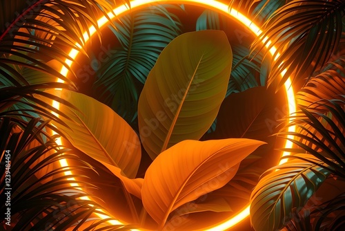 Golden Neon Ring with Vibrant Green Tropical Leaves on a golden Background Modern Light Design Copy Space Frame Flat Lay Top View Generative AI