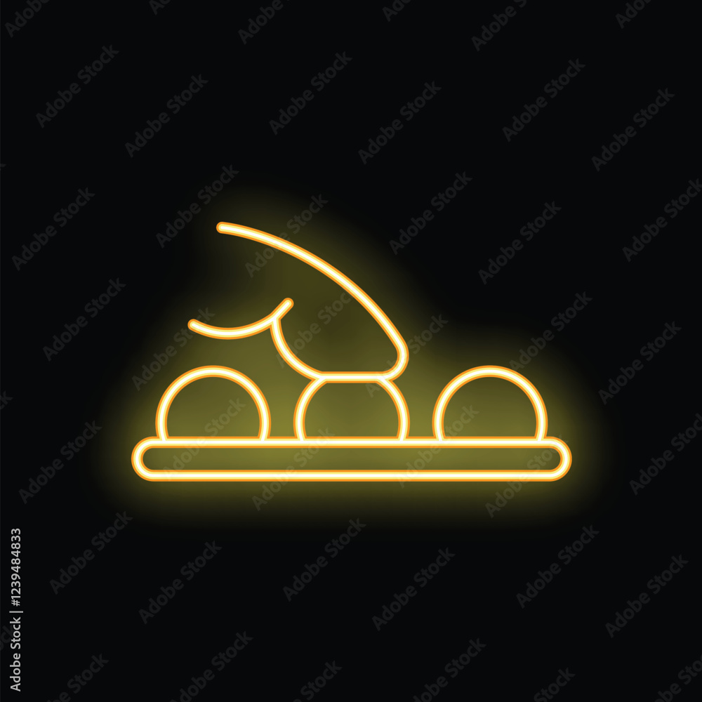 Φωτογραφία Yellow neon icon of a hand putting the last ball in place on a newton's cradle,