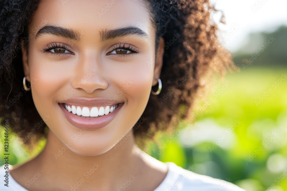 Woman with a smile on her face is standing in a field of green grass Woman with a smile on her face is standing in a field of green grass