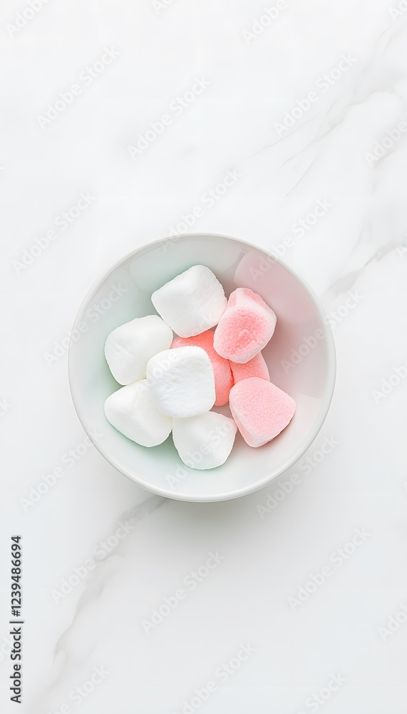 Soft Pastel Marshmallows in a White Bowl on Marbled Background Soft Pastel Marshmallows in a White Bowl on Marbled Background