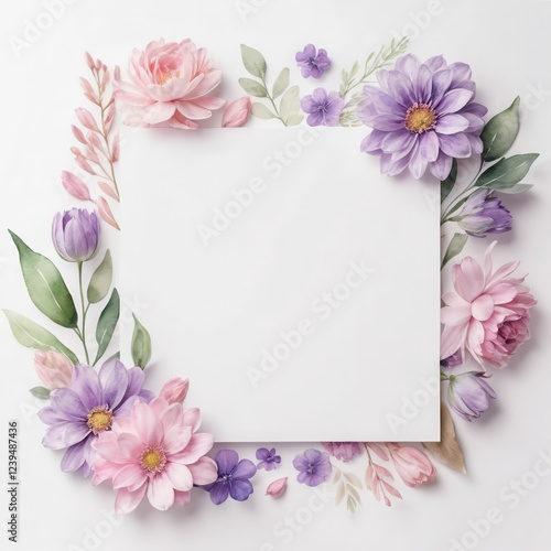 Watercolor flowers mockup for greeting cards, invitations, logos. isolated background, pastel pink and violet colors, white background