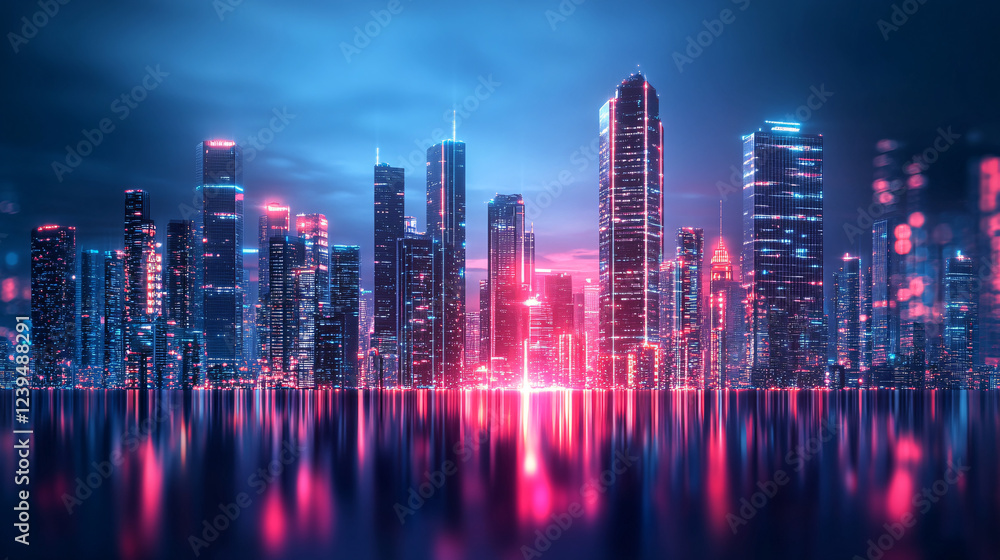 Fototapeta premium Neon cityscape skyline glowing against a midnight background.