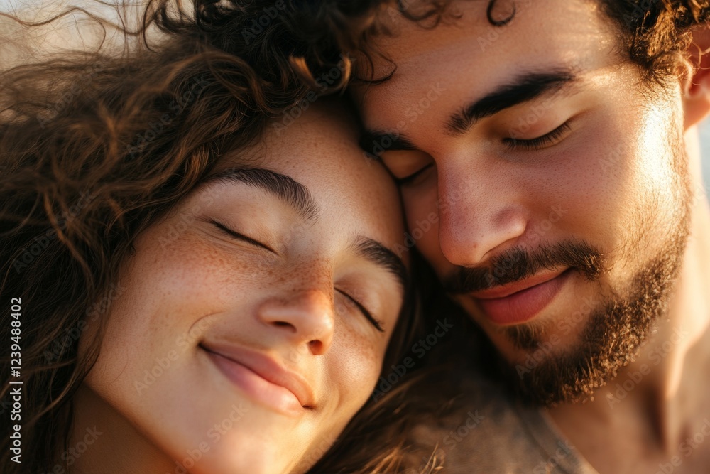 Man and woman are hugging each other, with the woman smiling Man and woman are hugging each other, with the woman smiling