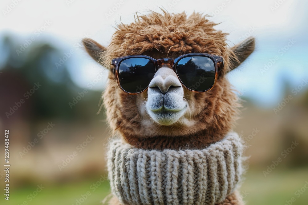Stylish brown alpaca wearing shades and a wool neckpiece Stylish brown alpaca wearing shades and a wool neckpiece