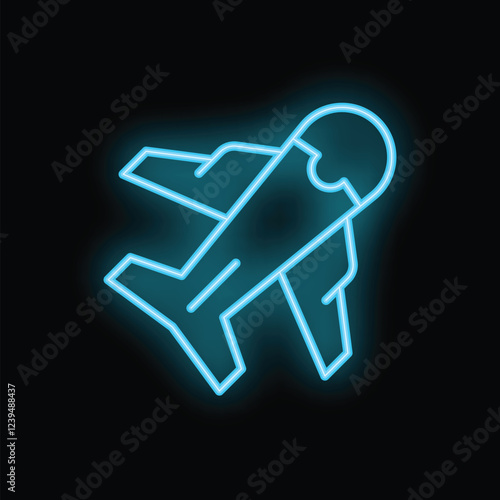 Blue neon airplane taking off on black background representing travel and tourism industry