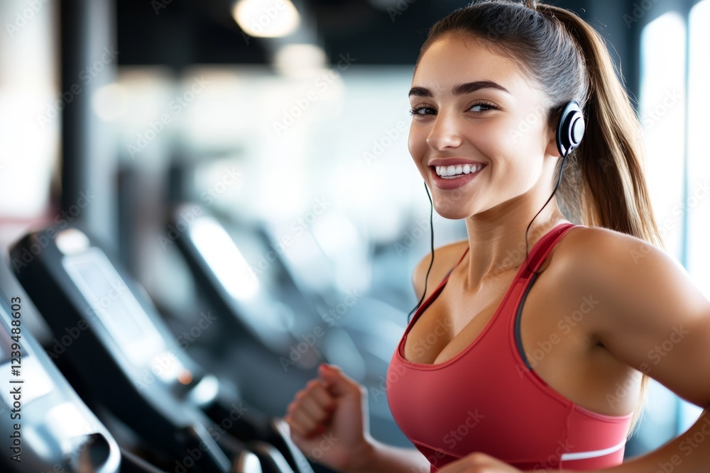 Fototapeta premium Woman is running on a treadmill with headphones on