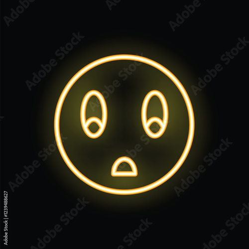 Yellow neon emoticon expressing fear on black background
