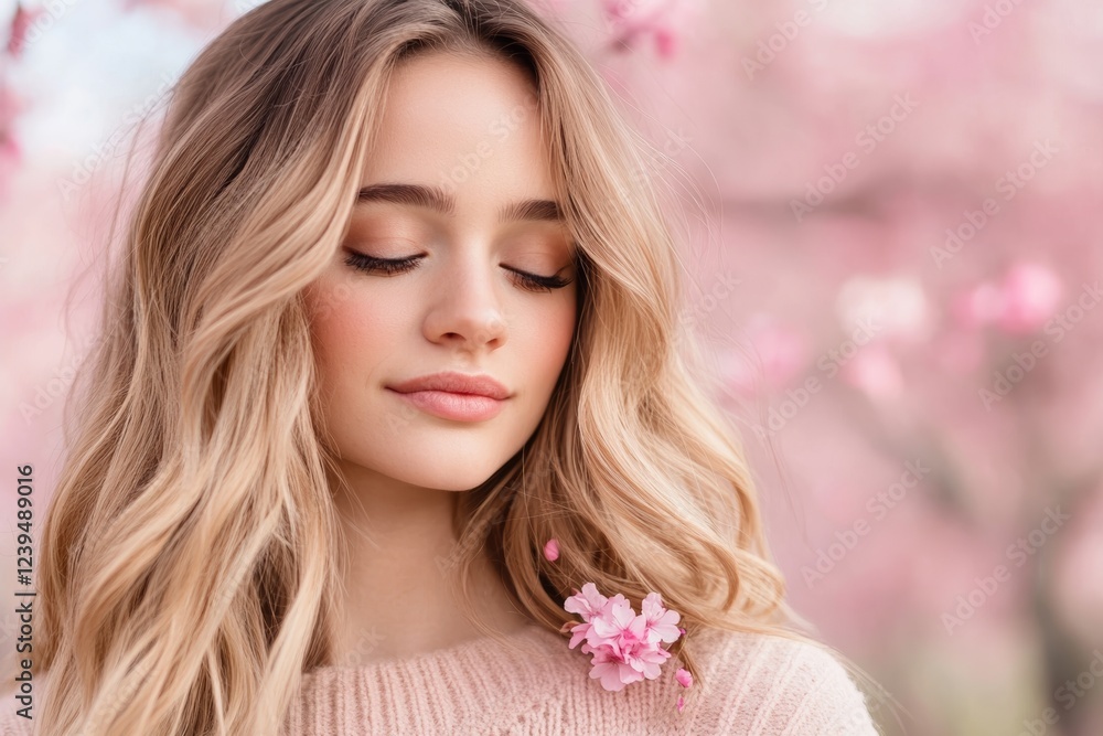 Fototapeta premium Woman with long blonde hair and a pink sweater is holding a pink flower