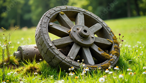 Ancient stone wheel resting on grassy meadow, timeless history photo