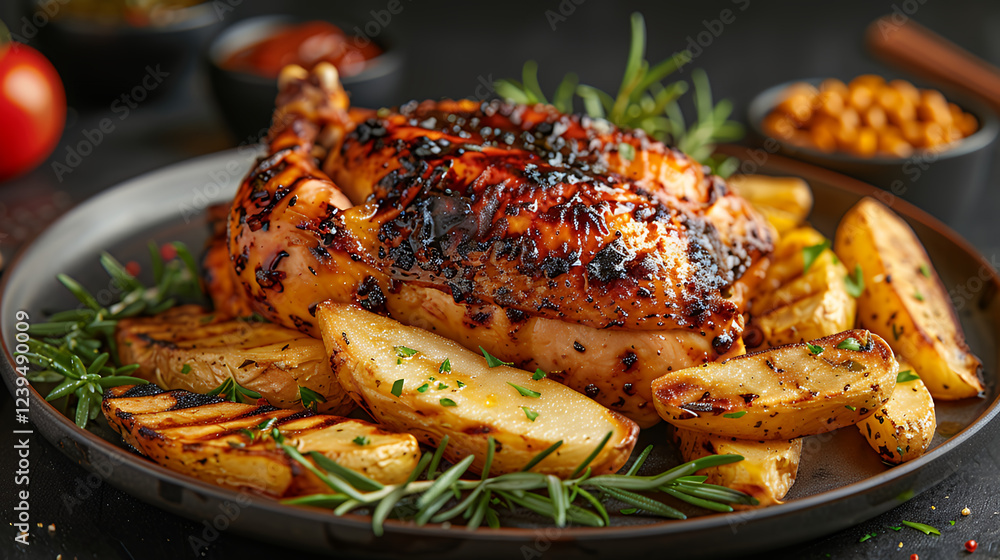  A mouthwatering roasted chicken with golden potatoes, captured in a studio setting. This comforting dish showcases crispy textures and rich flavors, ideal for family dinners or special occasions