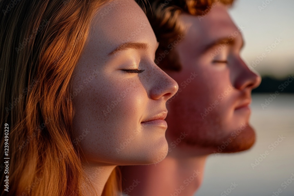 Man and a woman are sitting next to each other, both looking at the water Man and a woman are sitting next to each other, both looking at the water