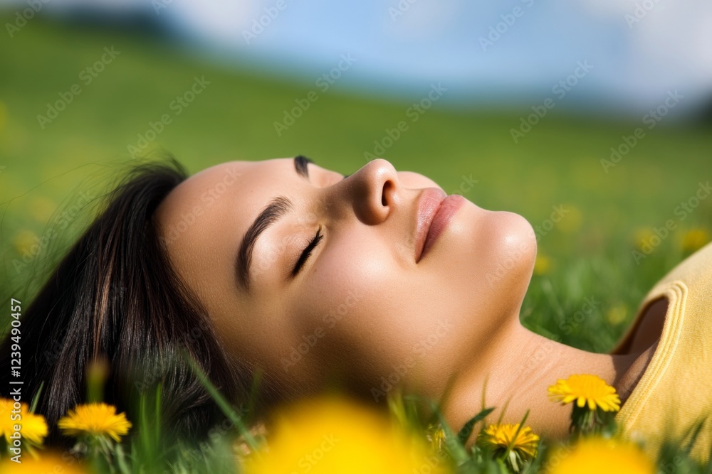 Woman is laying in a field of yellow flowers Woman is laying in a field of yellow flowers