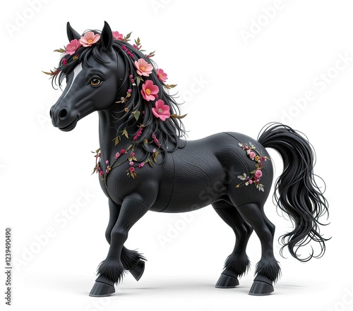 Small cute black horse on isolated white background. 3d render