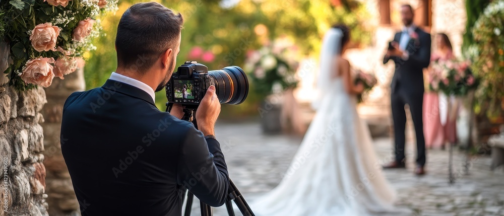 Professional wedding photographer capturing newlyweds in picturesque garden setting, surrounded by flowers and romantic ambiance Professional wedding photographer capturing newlyweds in picturesque garden setting, surrounded by flowers and romantic ambiance