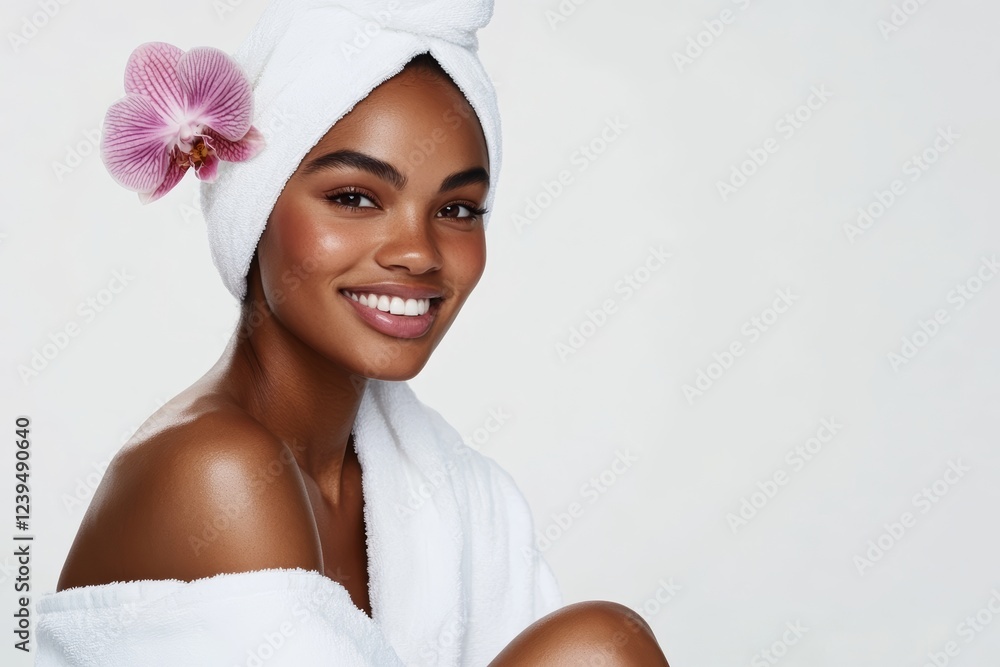 Woman is sitting with a towel wrapped around her head and a flower in her hair Woman is sitting with a towel wrapped around her head and a flower in her hair