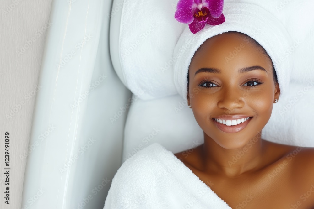 Woman is laying in a bathtub with a towel draped over her head Woman is laying in a bathtub with a towel draped over her head