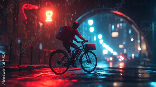 Wallpaper Mural Neon-lit 3D cartoon bicycle courier delivering packages under a dark bridge.  Torontodigital.ca