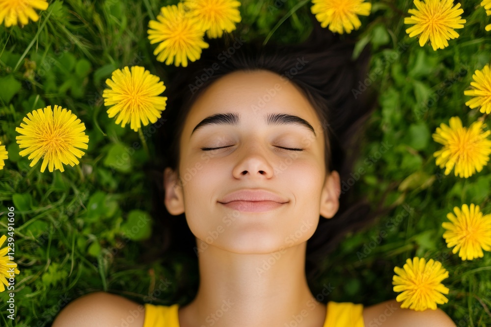 Woman is laying in a field of yellow flowers Woman is laying in a field of yellow flowers