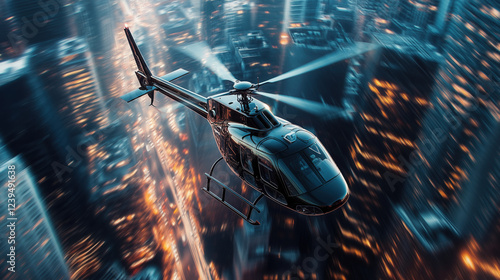 Helicopter Soaring Above a Bustling City Center, Overlooking Blurred Skyscrapers and Traffic Below, Capturing the Dynamic Urban Pulse from an Aerial Perspective