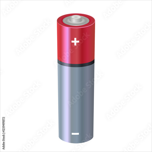 Red and metallic alkaline battery. Single AA battery stands vertically. 3d realistic rechargeable battery. Design template for branding, mockup. Vector Illustration isolated on white background