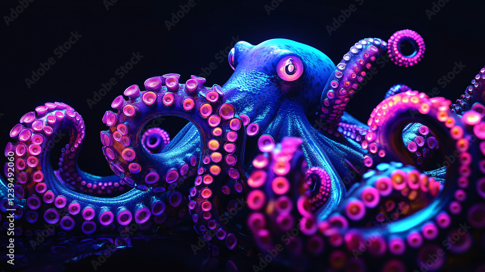 Obraz premium Neon octopus tentacles glowing in the depths of a dark sea. 