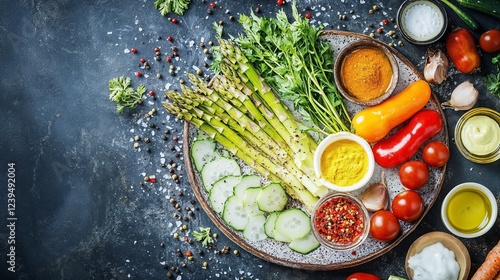 Fresh asparagus with vegetables and spices on a rustic plate 