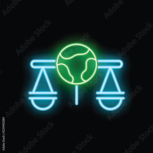 Neon icon showing a balanced scale with earth at its center, symbolizing global equity