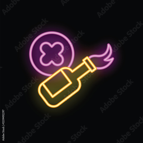 Neon sign of a molotov cocktail with a cross mark, representing a message against violence and vandalism