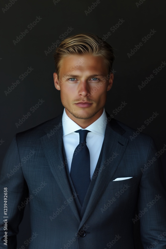 Studio portrait of a businessman exuding confidence in a suit and tie against a dark backdrop Studio portrait of a businessman exuding confidence in a suit and tie against a dark backdrop