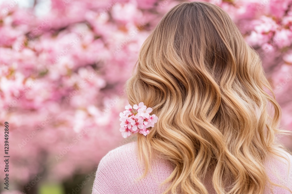 Naklejka premium Woman with long blonde hair is holding a pink flower in her hair