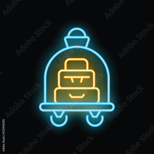 Neon sign representing a luggage cart carrying suitcases, evoking hotel services and travel