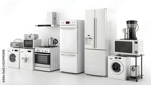 A collection of various white kitchen and household appliances.  A stove, oven, stand mixer, kettle, blender, washing machine, microwave, toaster, refrigerator, television, and coffee maker 